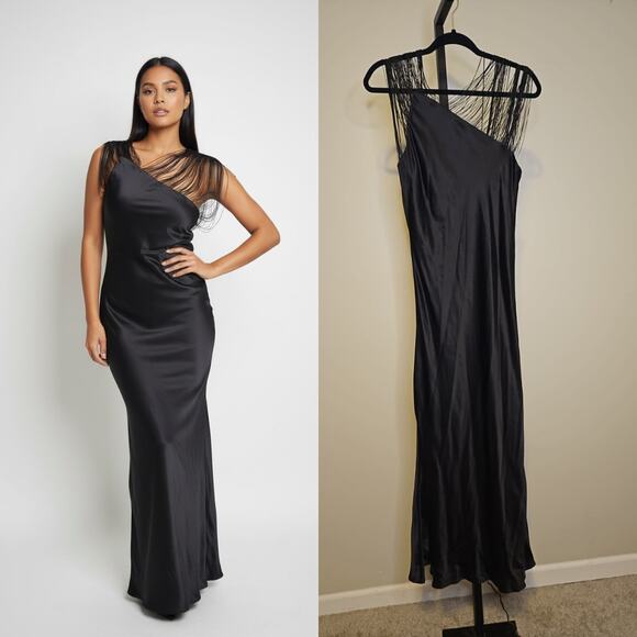 MaxMara Dresses & Skirts - Max Mara Elegant Black Fringe-String One-Shoulder Dress Women’s 4 NWT